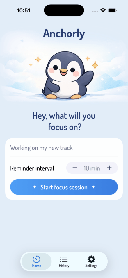 Anchorly home screen with a task and a focus session start button