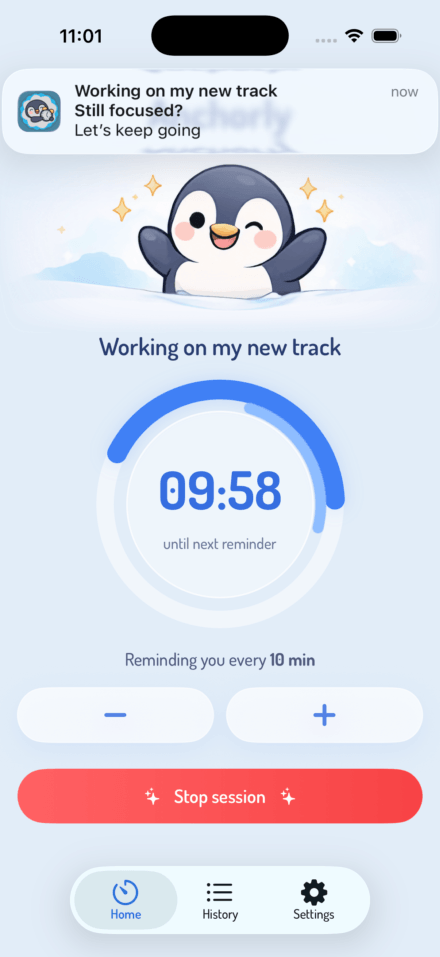 Anchorly screen with an active session and an incoming reminder